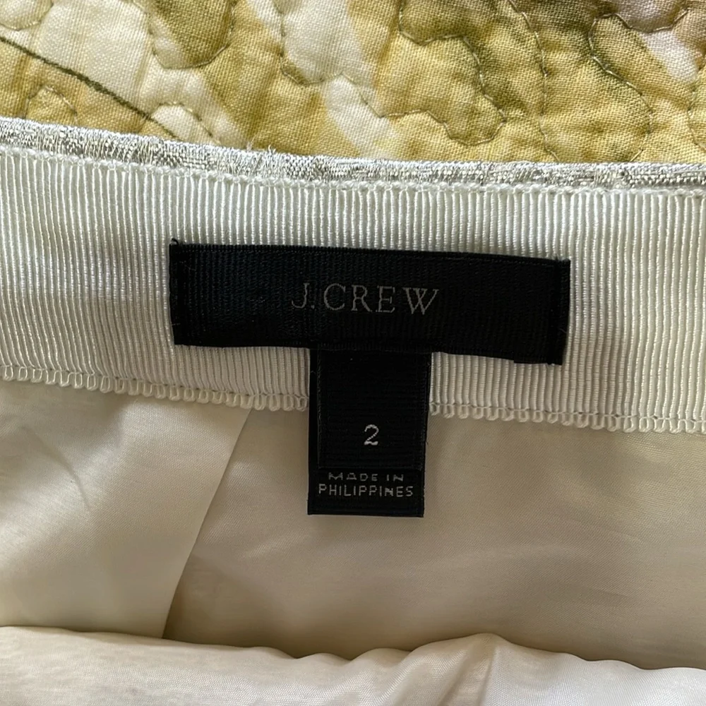 J.Crew platinum, silver brocade, rap style skirt